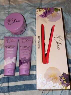 chic Red Ceramic Flat Iron with Lavender Repairing Caviar Hair Care Set